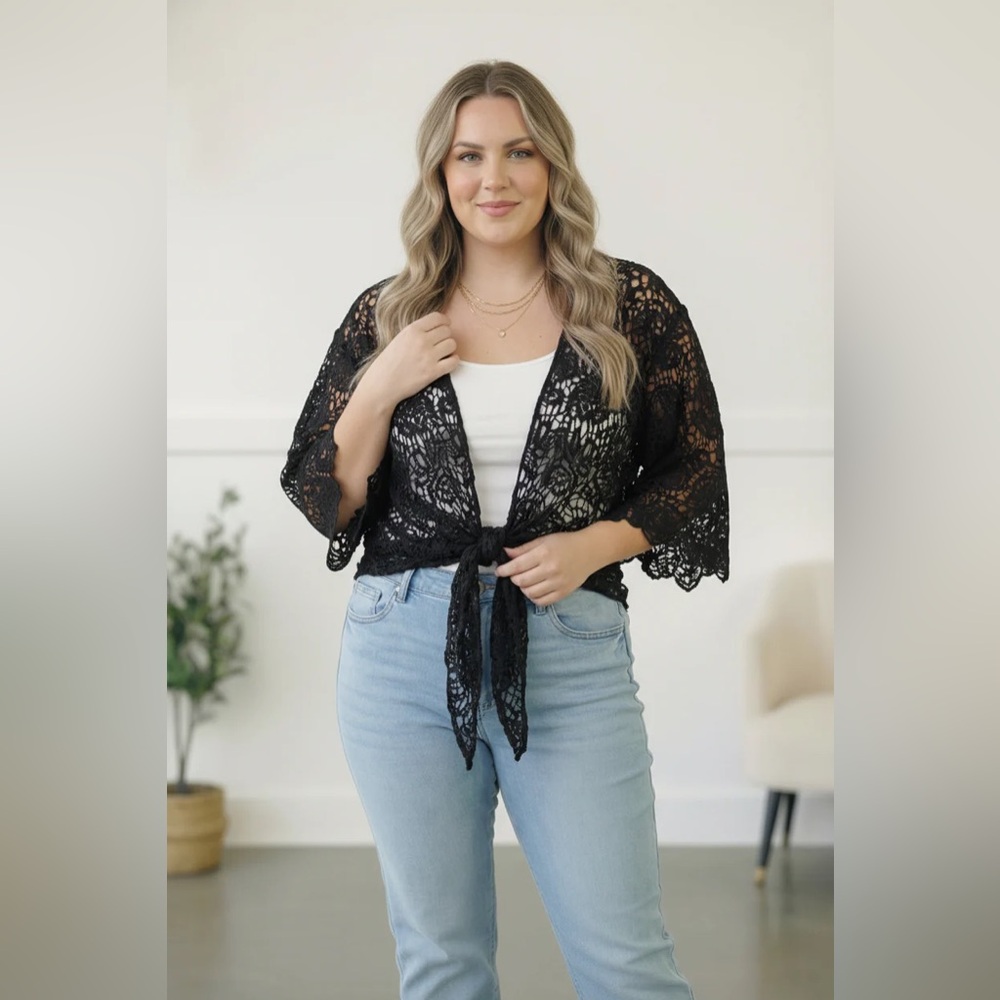 Crochet Tie-Front Kimono Shrug - Black - Picture 8 of 8